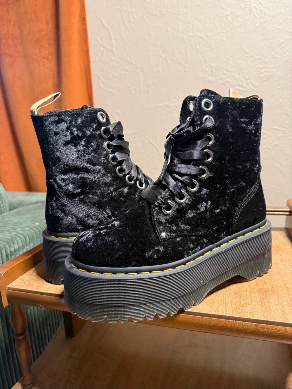 Dr. Martens Black Velvet Platform Lace-Up Boots